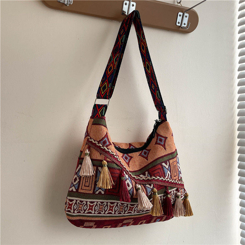 Bohemian Woven Crossbody Bag with Tassels, Ethnic Fabric Shoulder Bag, Lightweight Boho Purse for Everyday & Travel