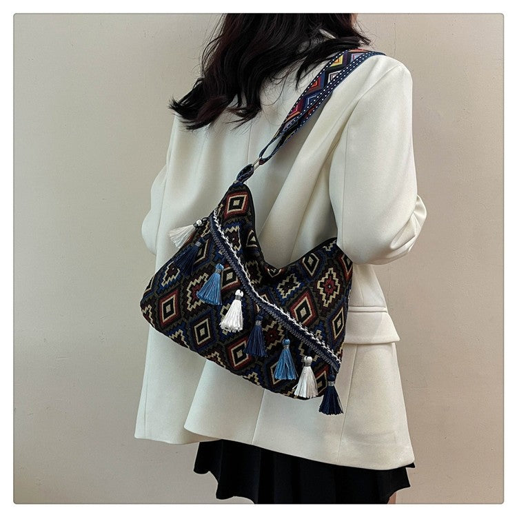 Bohemian Woven Crossbody Bag with Tassels, Ethnic Fabric Shoulder Bag, Lightweight Boho Purse for Everyday & Travel