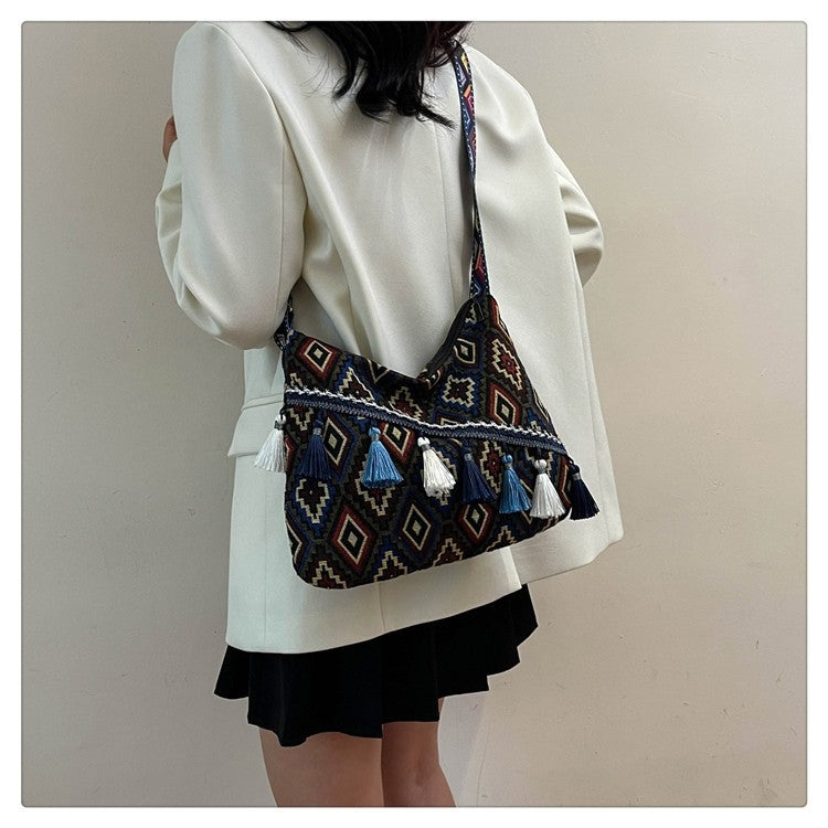 Bohemian Woven Crossbody Bag with Tassels, Ethnic Fabric Shoulder Bag, Lightweight Boho Purse for Everyday & Travel