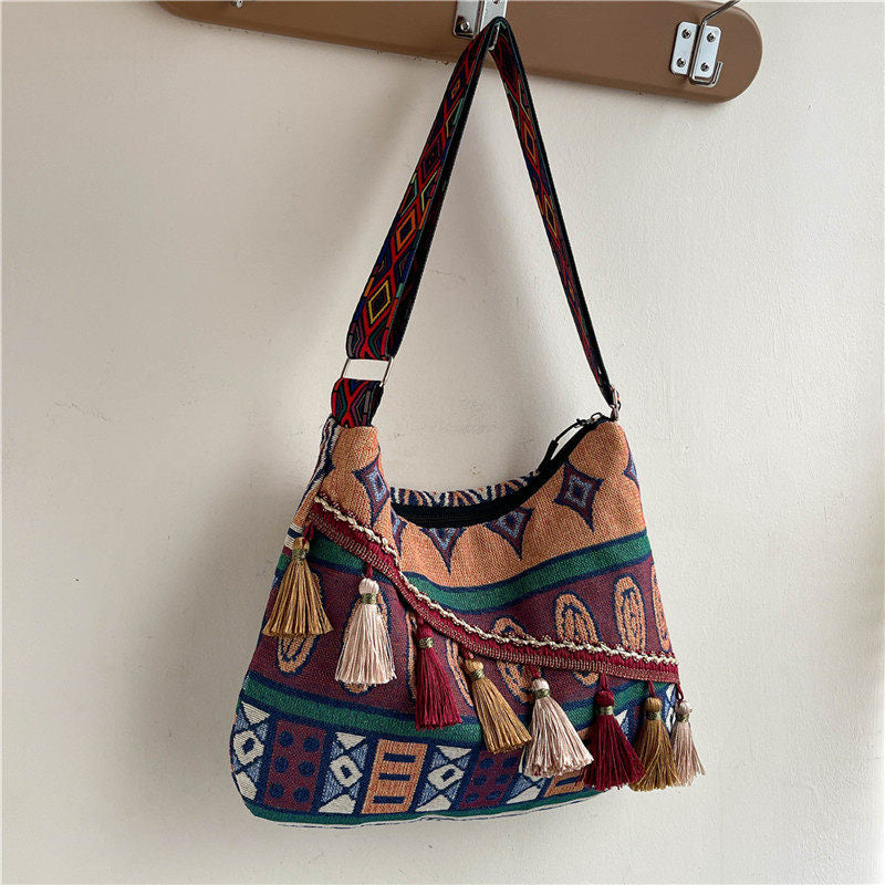 Bohemian Woven Crossbody Bag with Tassels, Ethnic Fabric Shoulder Bag, Lightweight Boho Purse for Everyday & Travel
