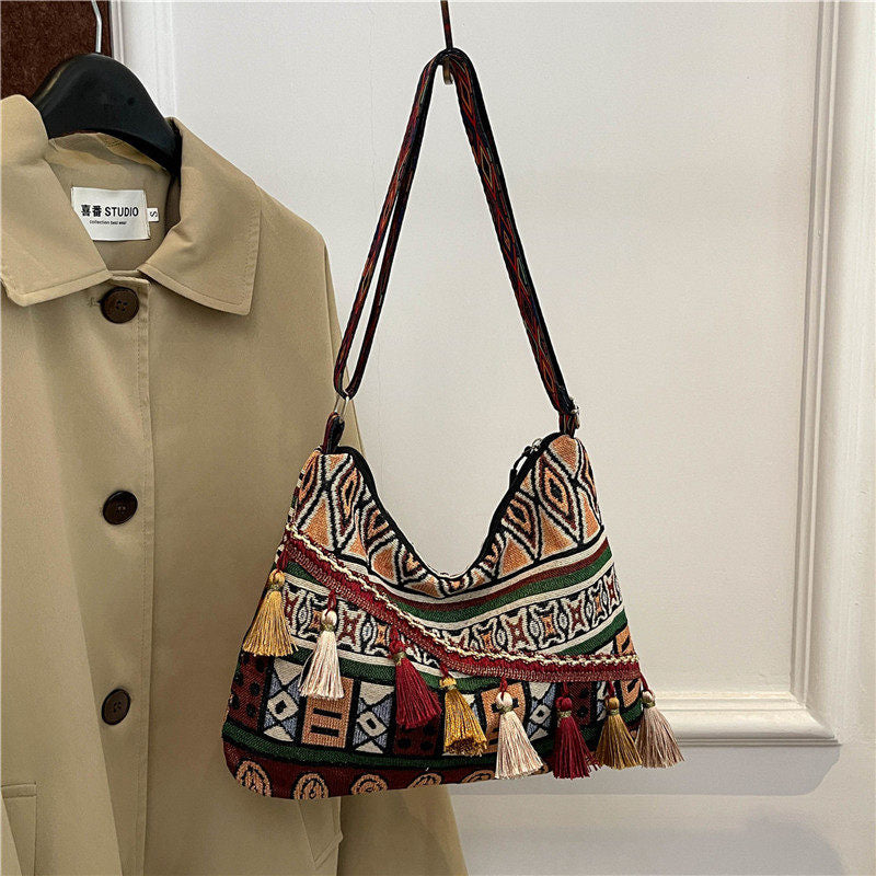 Bohemian Woven Crossbody Bag with Tassels, Ethnic Fabric Shoulder Bag, Lightweight Boho Purse for Everyday & Travel