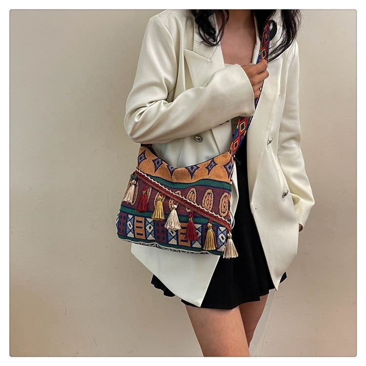 Bohemian Woven Crossbody Bag with Tassels, Ethnic Fabric Shoulder Bag, Lightweight Boho Purse for Everyday & Travel