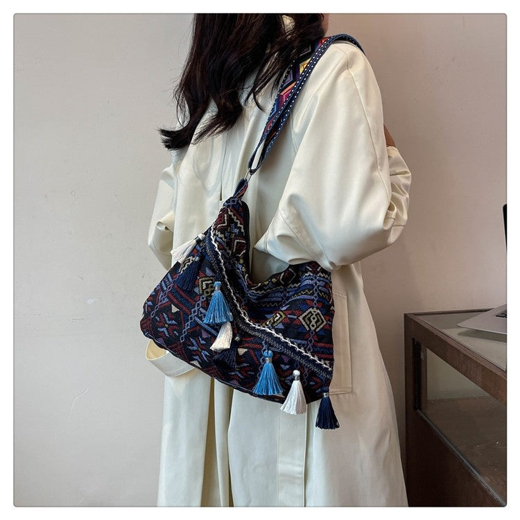Bohemian Woven Crossbody Bag with Tassels, Ethnic Fabric Shoulder Bag, Lightweight Boho Purse for Everyday & Travel