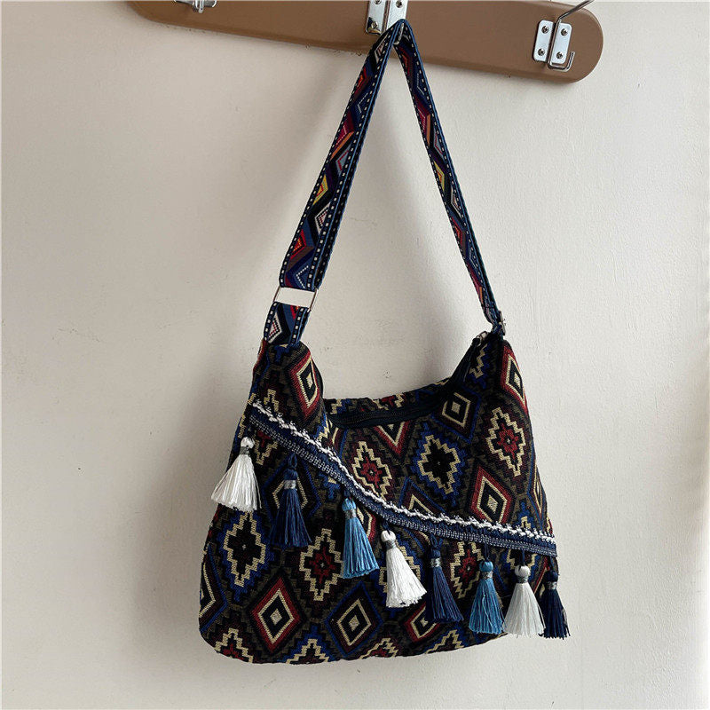 Bohemian Woven Crossbody Bag with Tassels, Ethnic Fabric Shoulder Bag, Lightweight Boho Purse for Everyday & Travel