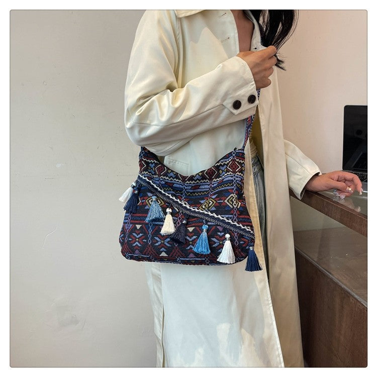 Bohemian Woven Crossbody Bag with Tassels, Ethnic Fabric Shoulder Bag, Lightweight Boho Purse for Everyday & Travel