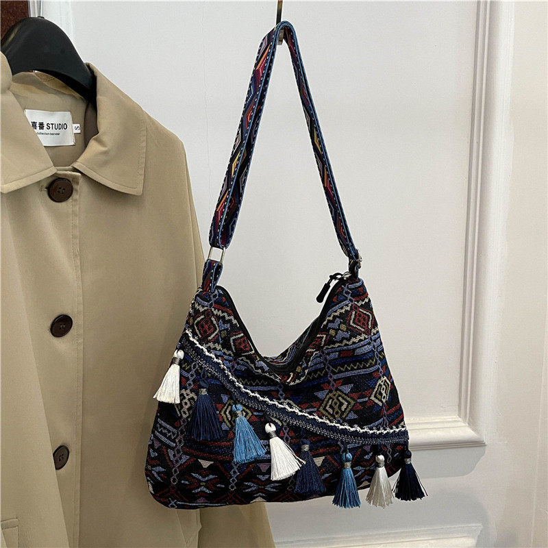 Bohemian Woven Crossbody Bag with Tassels, Ethnic Fabric Shoulder Bag, Lightweight Boho Purse for Everyday & Travel