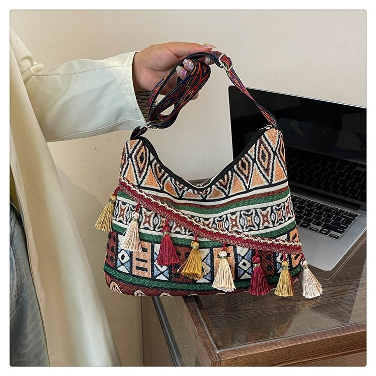 Bohemian Woven Crossbody Bag with Tassels, Ethnic Fabric Shoulder Bag, Lightweight Boho Purse for Everyday & Travel