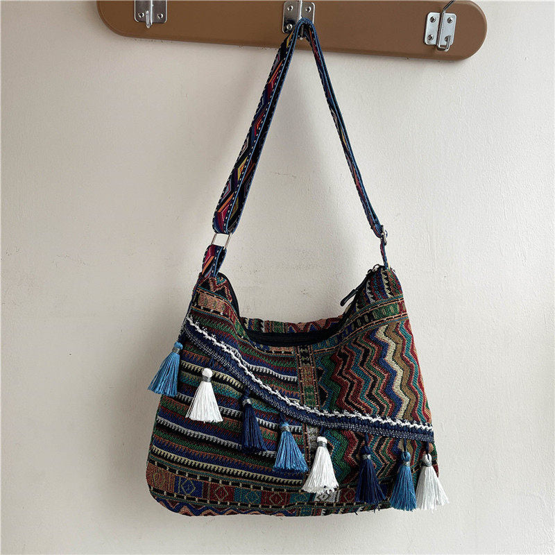 Bohemian Woven Crossbody Bag with Tassels, Ethnic Fabric Shoulder Bag, Lightweight Boho Purse for Everyday & Travel