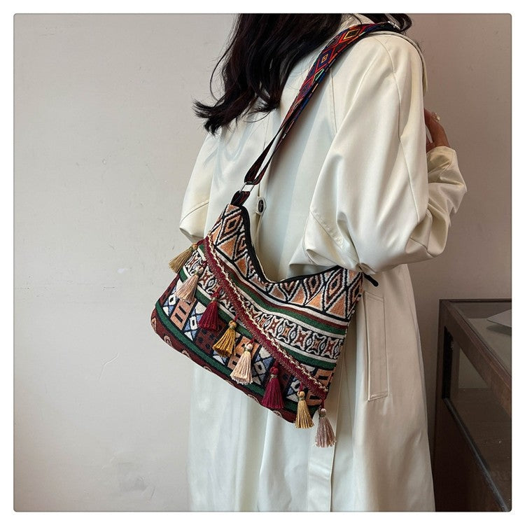 Bohemian Woven Crossbody Bag with Tassels, Ethnic Fabric Shoulder Bag, Lightweight Boho Purse for Everyday & Travel