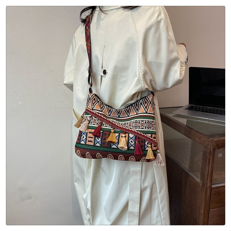 Bohemian Woven Crossbody Bag with Tassels, Ethnic Fabric Shoulder Bag, Lightweight Boho Purse for Everyday & Travel