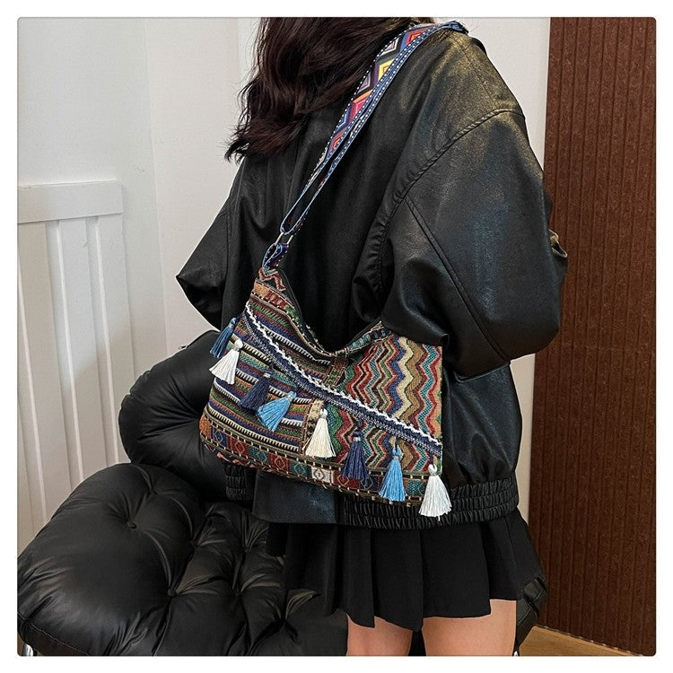 Bohemian Woven Crossbody Bag with Tassels, Ethnic Fabric Shoulder Bag, Lightweight Boho Purse for Everyday & Travel
