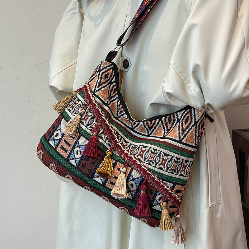 Bohemian Woven Crossbody Bag with Tassels, Ethnic Fabric Shoulder Bag, Lightweight Boho Purse for Everyday & Travel