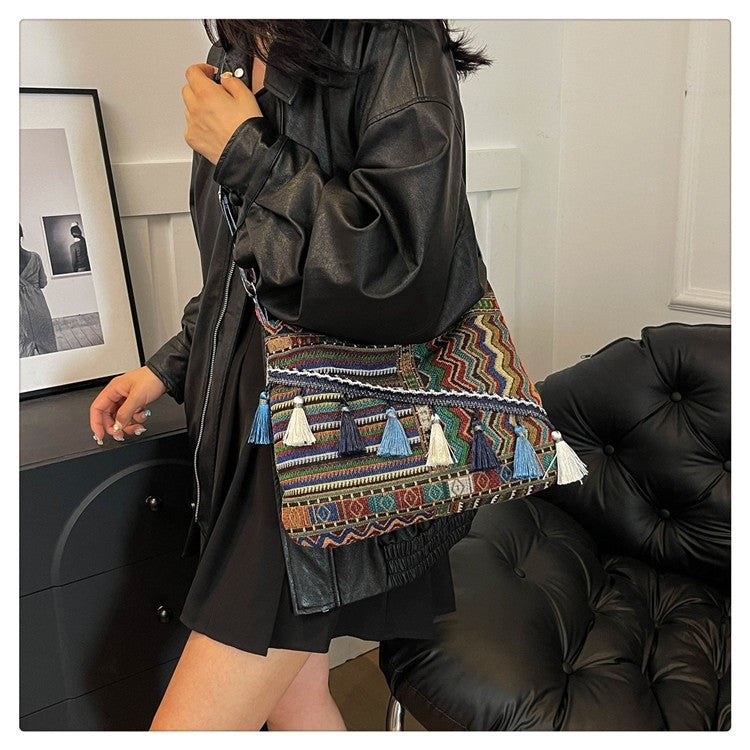 Bohemian Woven Crossbody Bag with Tassels, Ethnic Fabric Shoulder Bag, Lightweight Boho Purse for Everyday & Travel