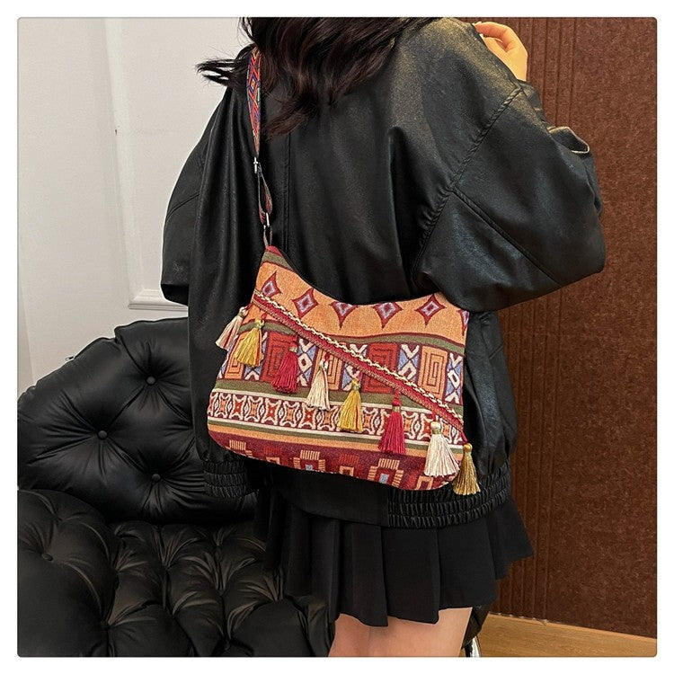 Bohemian Woven Crossbody Bag with Tassels, Ethnic Fabric Shoulder Bag, Lightweight Boho Purse for Everyday & Travel
