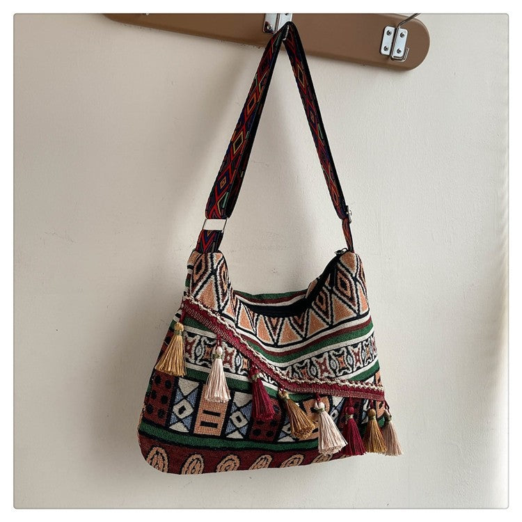 Bohemian Woven Crossbody Bag with Tassels, Ethnic Fabric Shoulder Bag, Lightweight Boho Purse for Everyday & Travel