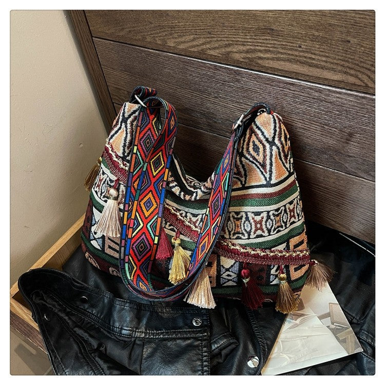 Bohemian Woven Crossbody Bag with Tassels, Ethnic Fabric Shoulder Bag, Lightweight Boho Purse for Everyday & Travel