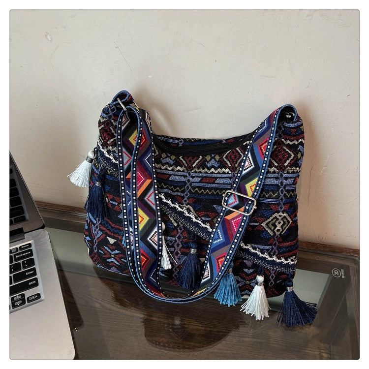 Bohemian Woven Crossbody Bag with Tassels, Ethnic Fabric Shoulder Bag, Lightweight Boho Purse for Everyday & Travel