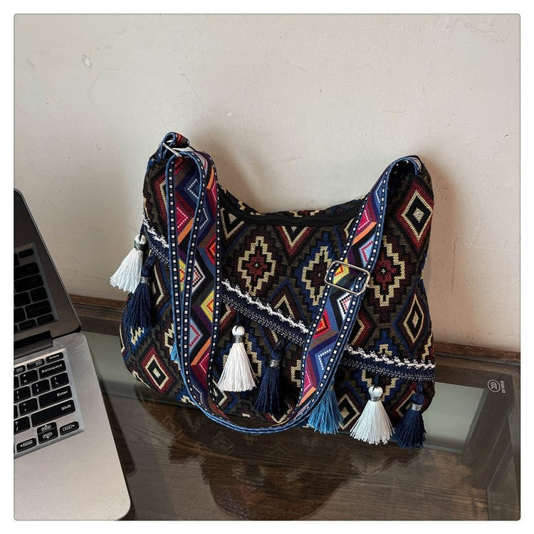 Bohemian Woven Crossbody Bag with Tassels, Ethnic Fabric Shoulder Bag, Lightweight Boho Purse for Everyday & Travel