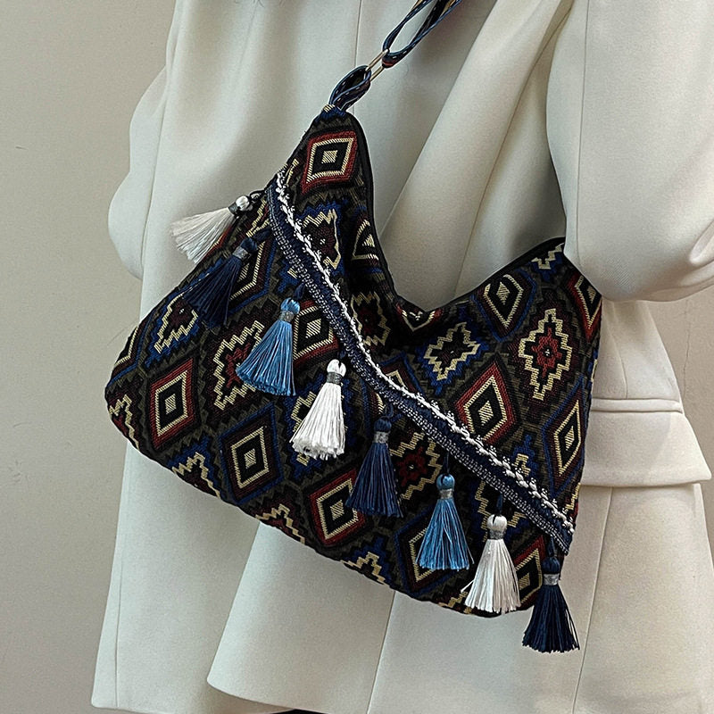 Bohemian Woven Crossbody Bag with Tassels, Ethnic Fabric Shoulder Bag, Lightweight Boho Purse for Everyday & Travel