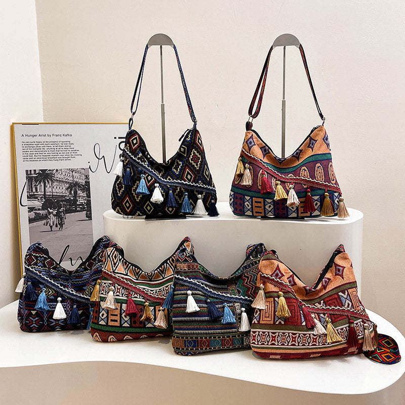 Bohemian Woven Crossbody Bag with Tassels, Ethnic Fabric Shoulder Bag, Lightweight Boho Purse for Everyday & Travel