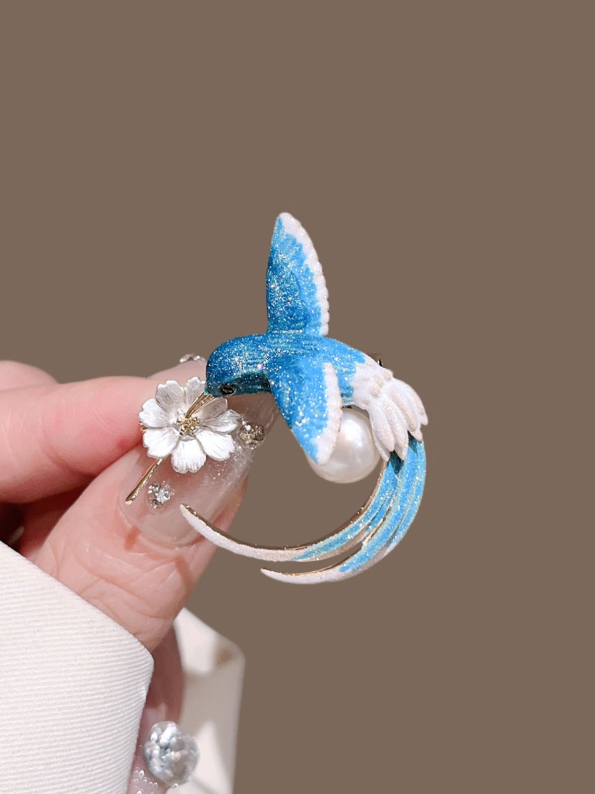 Blue Swallow Pearl Brooch – Elegant Bird Pin with Floral Detail | Statement Jewelry