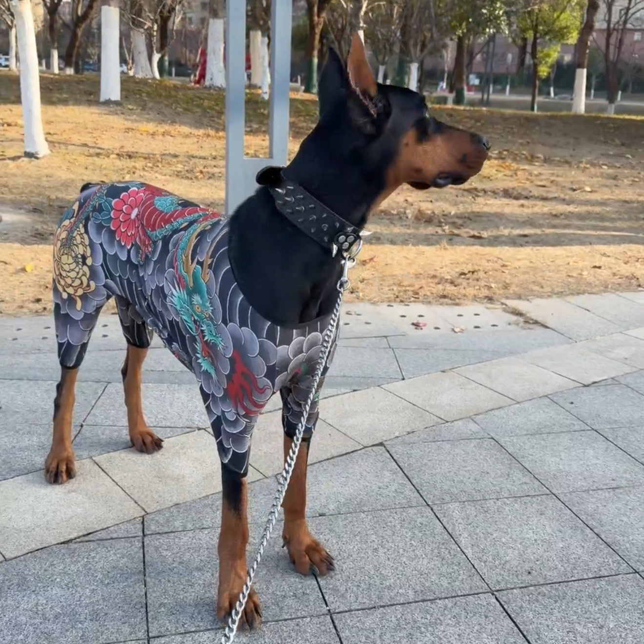 Tattoo Style Dog Bodysuit | Stretchy Full-Body Pet Shirt for Large Dogs | Doberman & Labrador Outfit