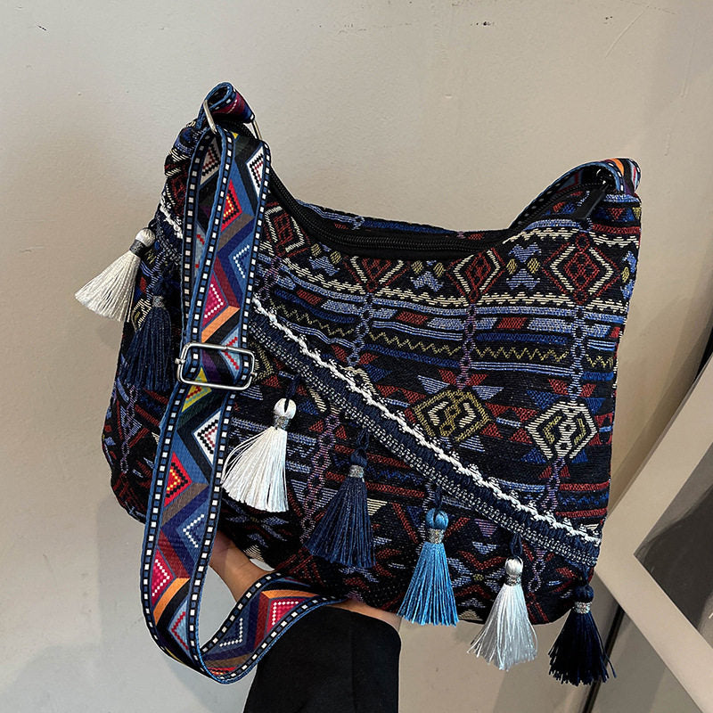 Bohemian Woven Crossbody Bag with Tassels, Ethnic Fabric Shoulder Bag, Lightweight Boho Purse for Everyday & Travel