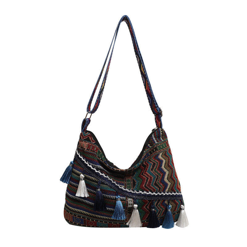 Bohemian Woven Crossbody Bag with Tassels, Ethnic Fabric Shoulder Bag, Lightweight Boho Purse for Everyday & Travel