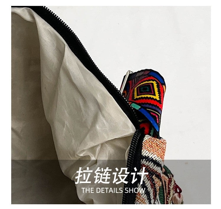 Bohemian Woven Crossbody Bag with Tassels, Ethnic Fabric Shoulder Bag, Lightweight Boho Purse for Everyday & Travel