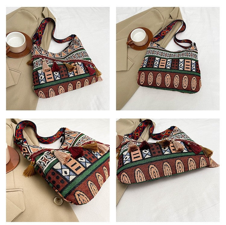 Bohemian Woven Crossbody Bag with Tassels, Ethnic Fabric Shoulder Bag, Lightweight Boho Purse for Everyday & Travel