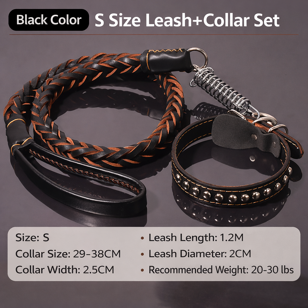 🐕 Genuine Leather Dog Collar & Braided Leash Set with Shock Absorbing Spring – Adjustable for Medium & Large Dogs