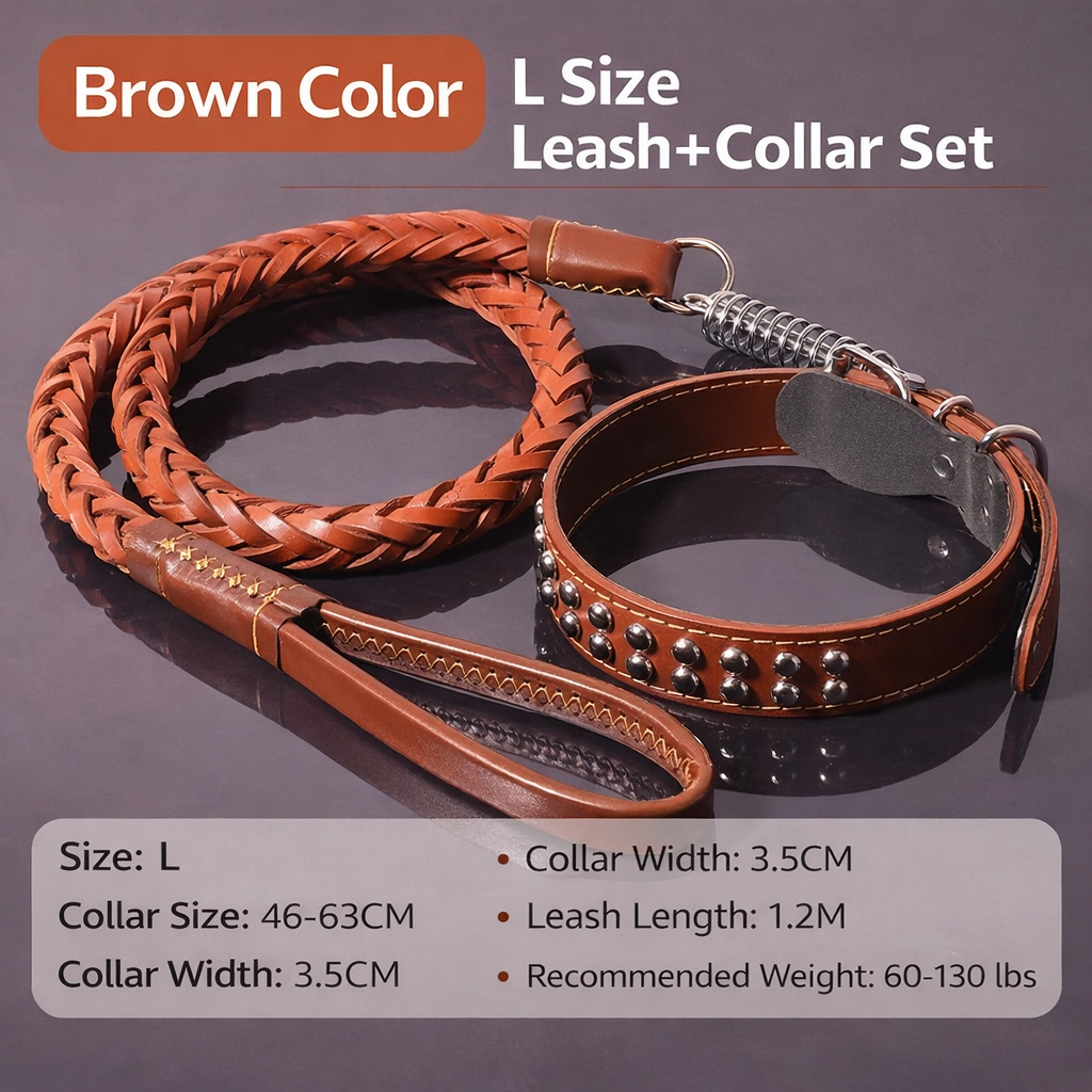 🐕 Genuine Leather Dog Collar & Braided Leash Set with Shock Absorbing Spring – Adjustable for Medium & Large Dogs