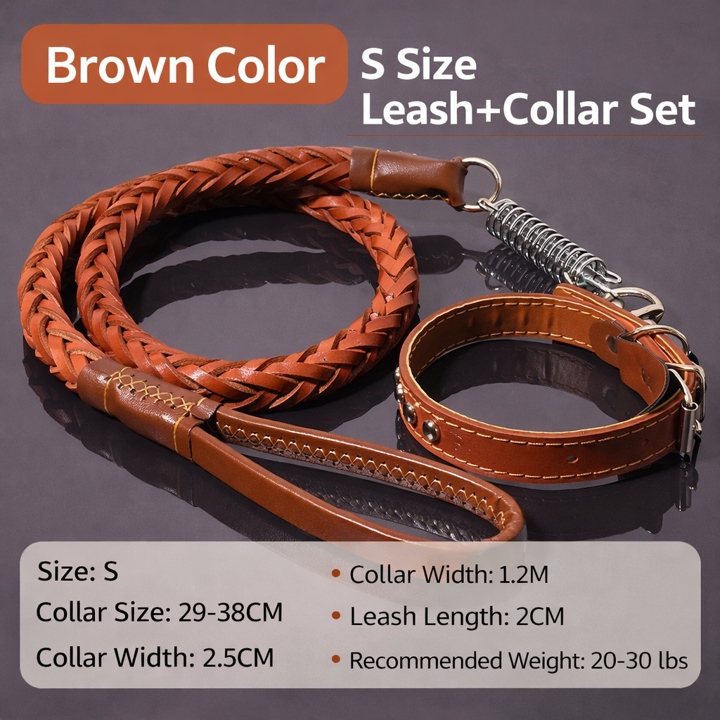 🐕 Genuine Leather Dog Collar & Braided Leash Set with Shock Absorbing Spring – Adjustable for Medium & Large Dogs
