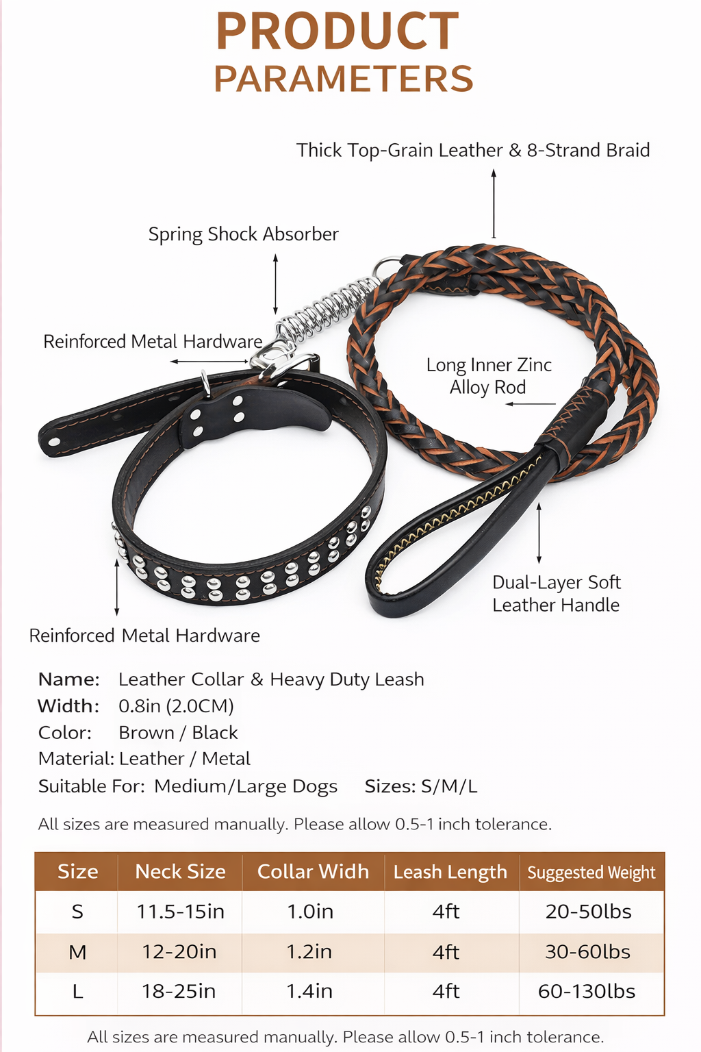 🐕 Genuine Leather Dog Collar & Braided Leash Set with Shock Absorbing Spring – Adjustable for Medium & Large Dogs