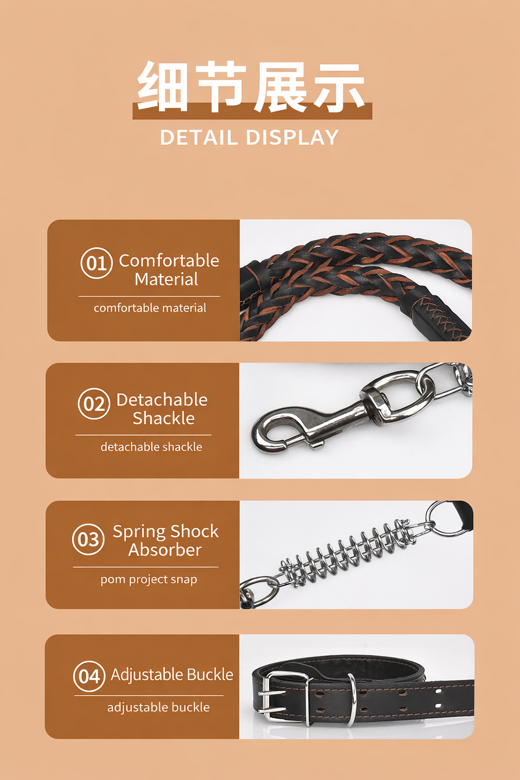 🐕 Genuine Leather Dog Collar & Braided Leash Set with Shock Absorbing Spring – Adjustable for Medium & Large Dogs