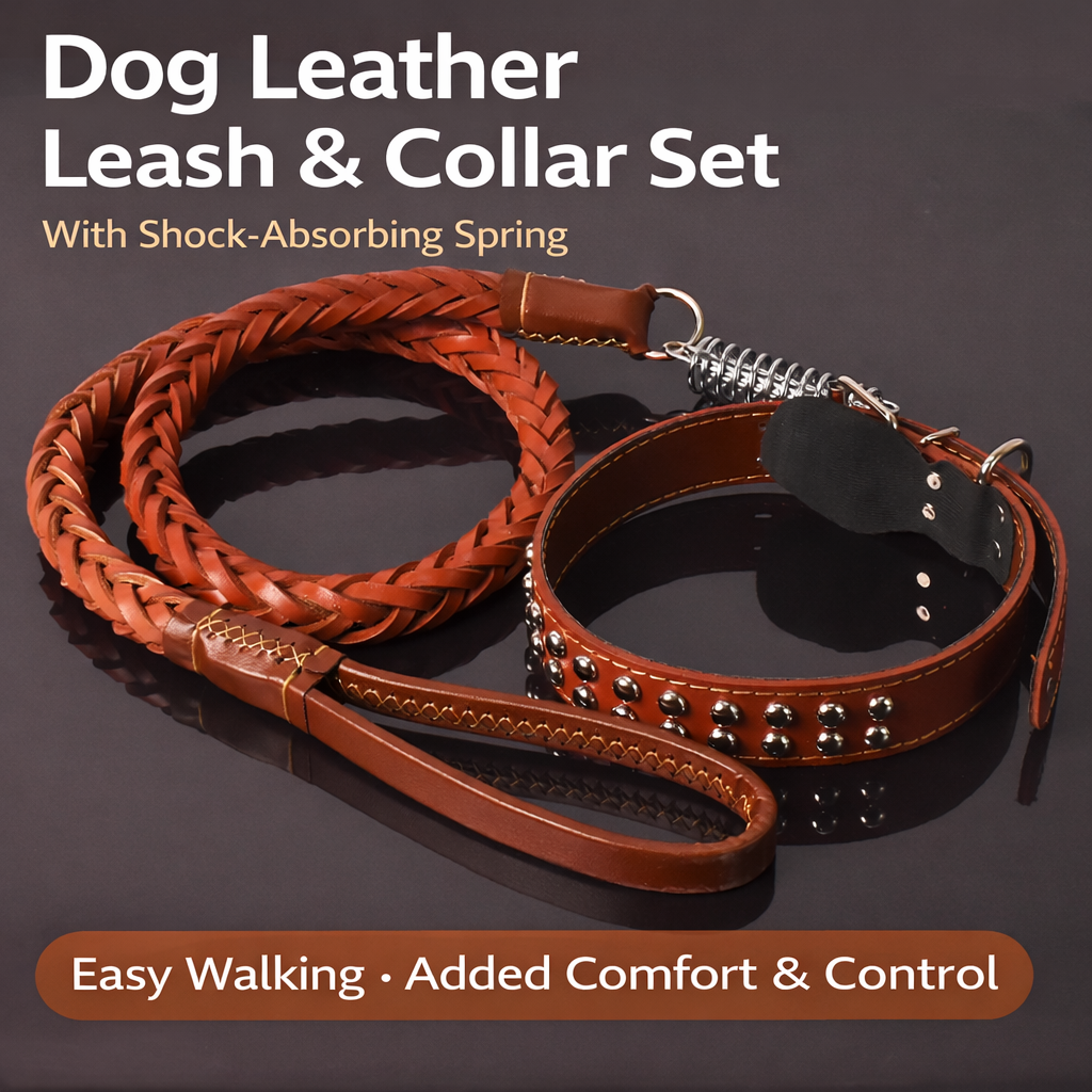 🐕 Genuine Leather Dog Collar & Braided Leash Set with Shock Absorbing Spring – Adjustable for Medium & Large Dogs