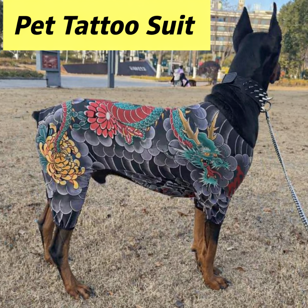 Tattoo Style Dog Bodysuit | Stretchy Full-Body Pet Shirt for Large Dogs | Doberman & Labrador Outfit