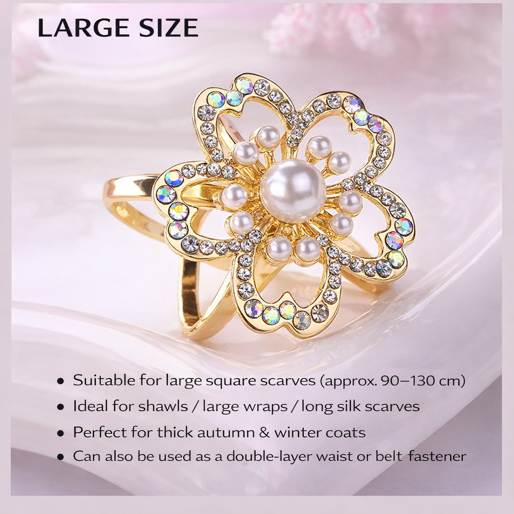 Vintage Pearl Flower Scarf Clip – Rhinestone Floral Brooch for Scarves & Shawls (Small / Large)