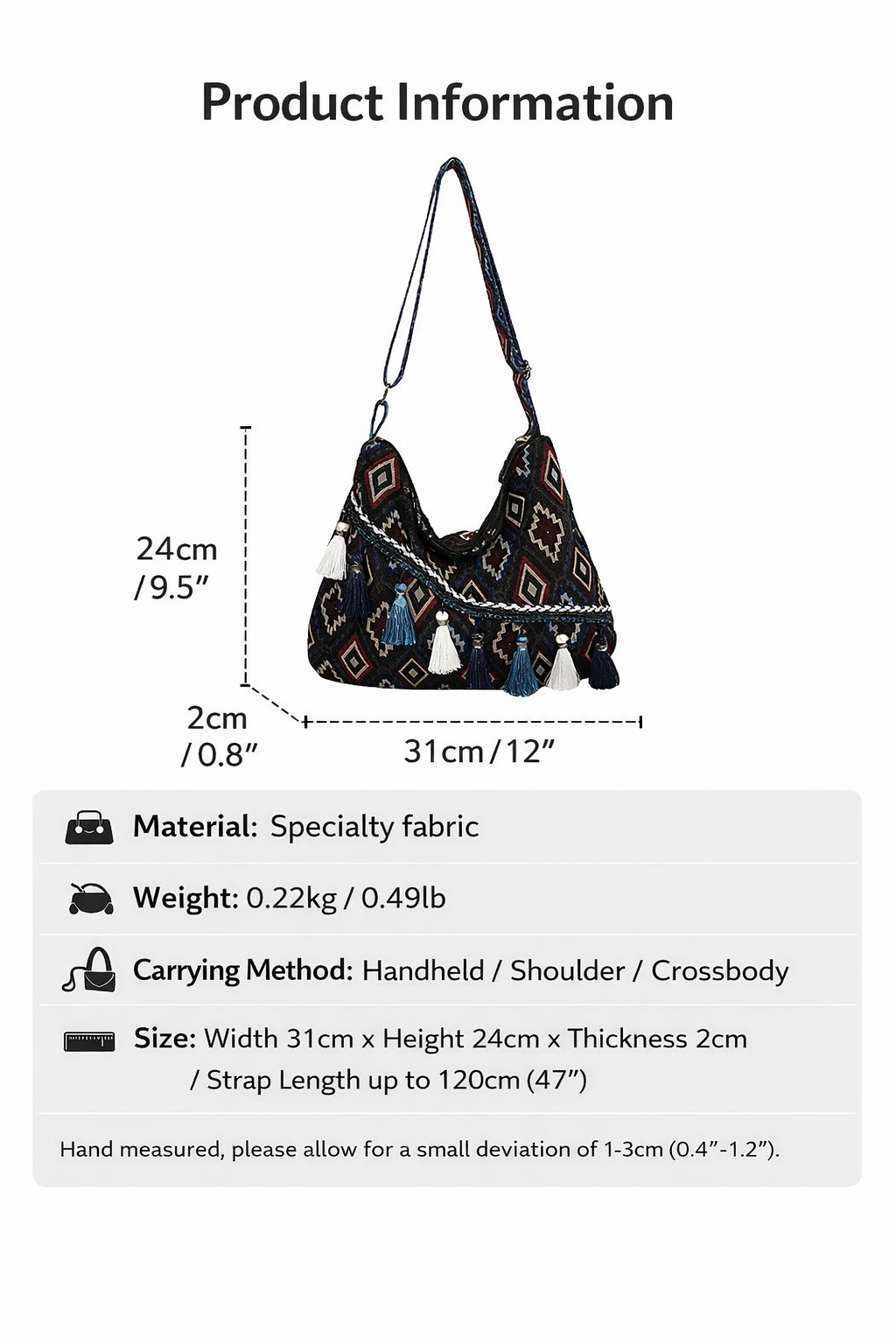 Bohemian Woven Crossbody Bag with Tassels, Ethnic Fabric Shoulder Bag, Lightweight Boho Purse for Everyday & Travel